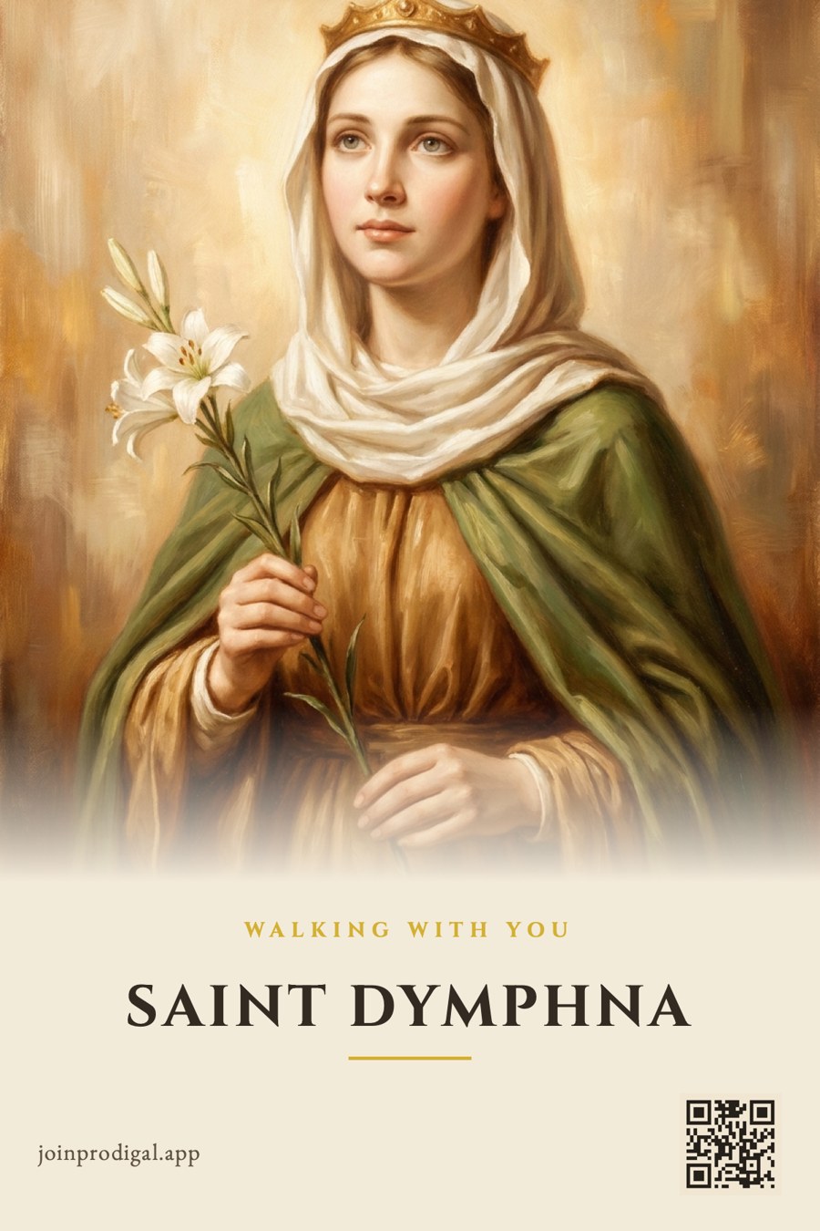 Saint Dymphna's card: her painted portrait with the Prodigal mark and a small code that opens the app
