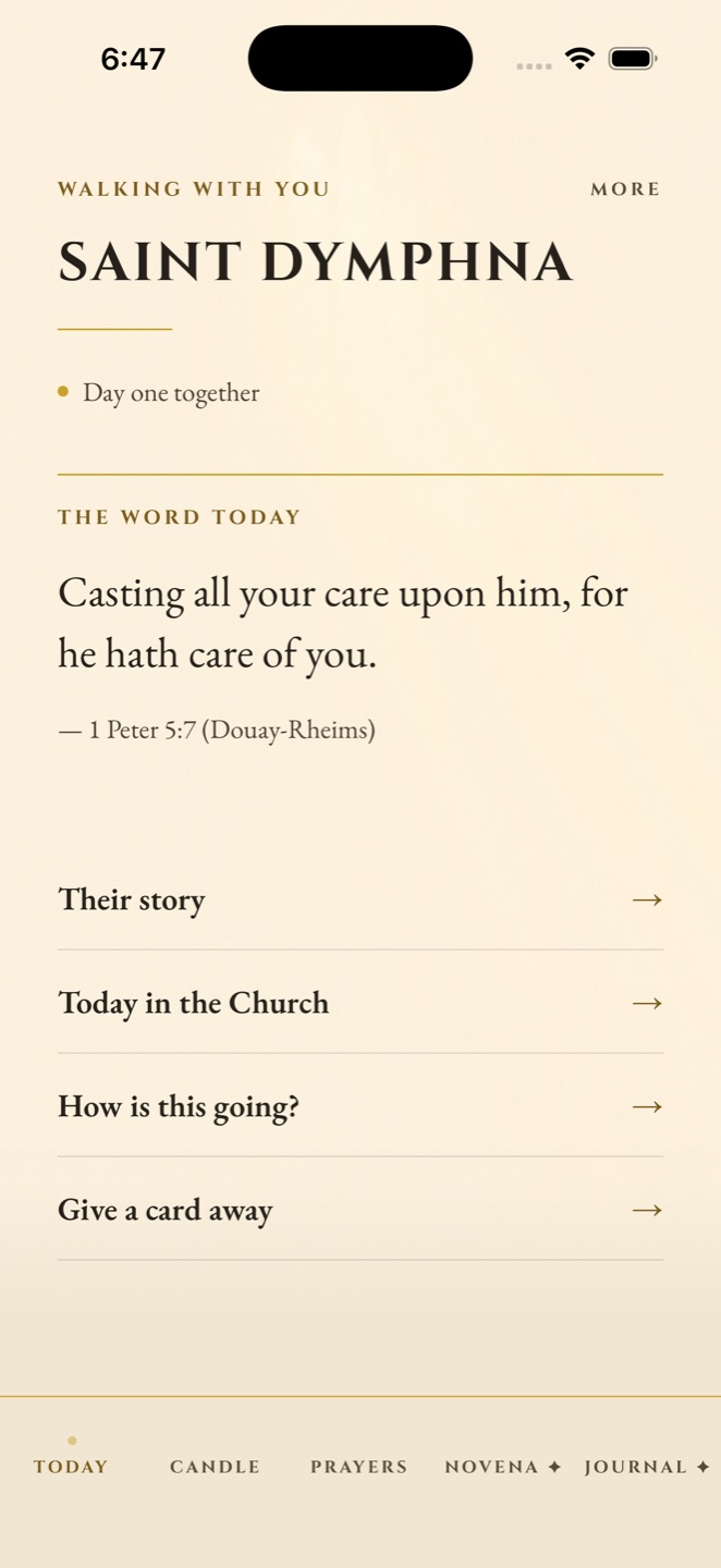 The Today page: Saint Dymphna, a daily Scripture line, and doors to her story, the daily saint, and the weekly check-in