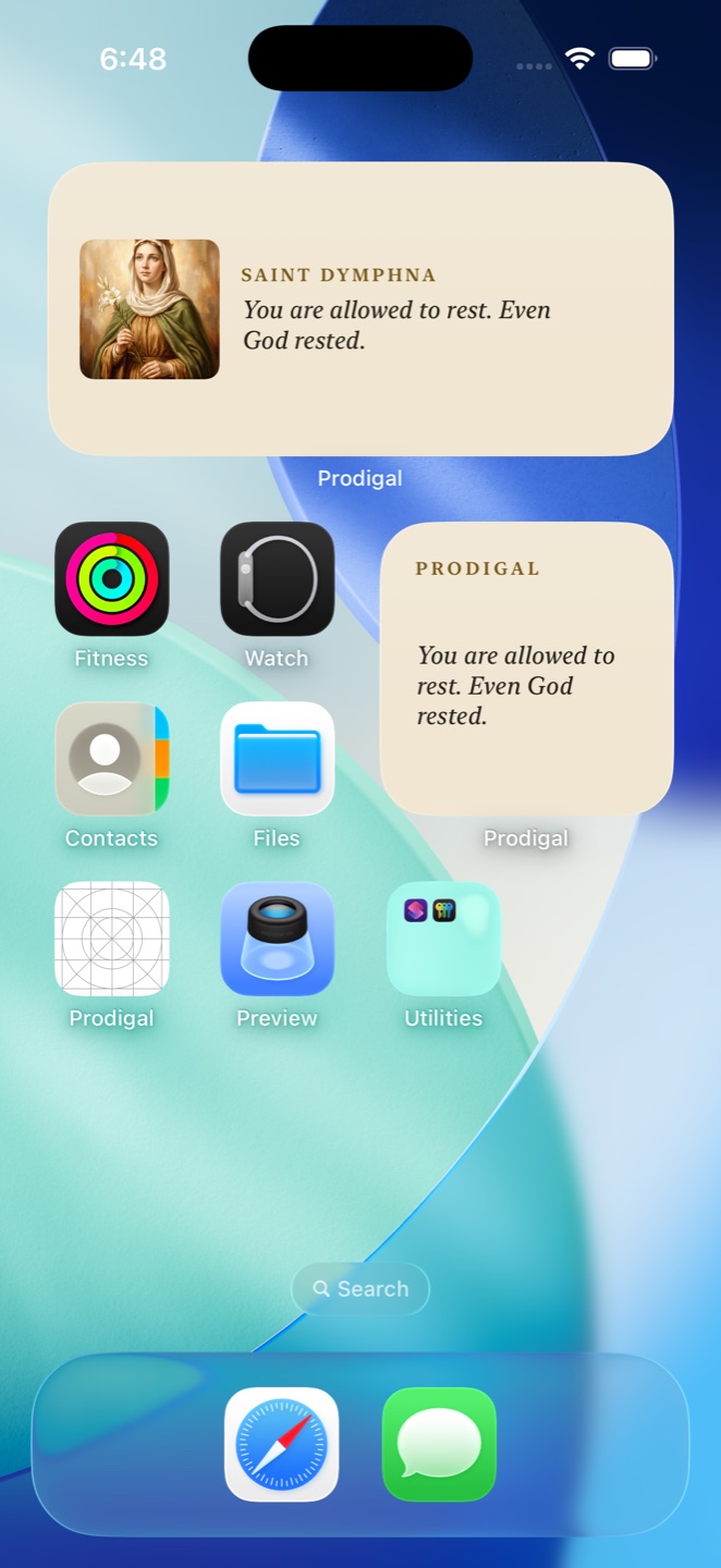 iPhone home screen with Prodigal widgets: Saint Dymphna's portrait beside her daily line